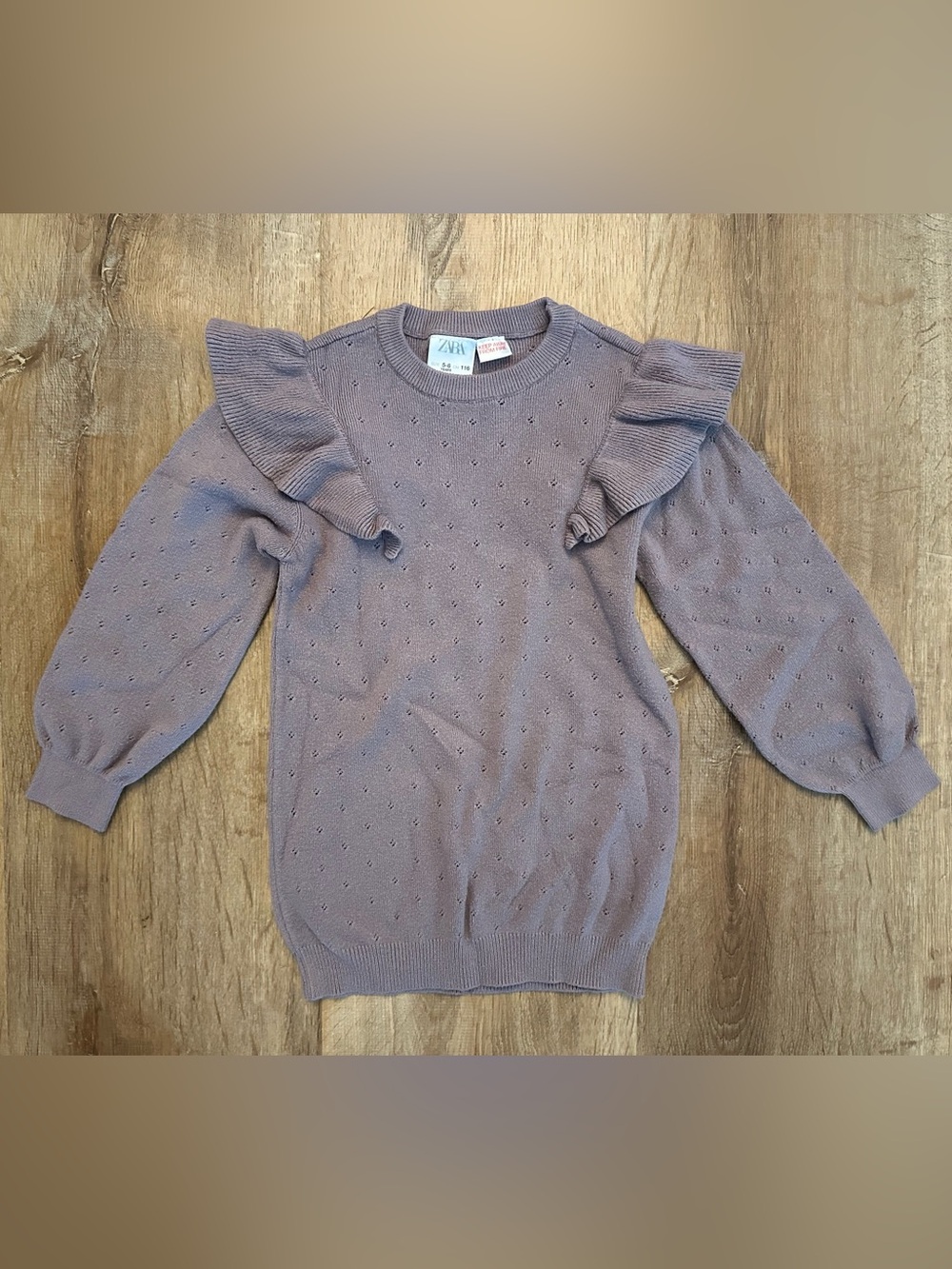 Zara Kids Lavender Ruffle-Shoulder Pointelle Knit Sweater